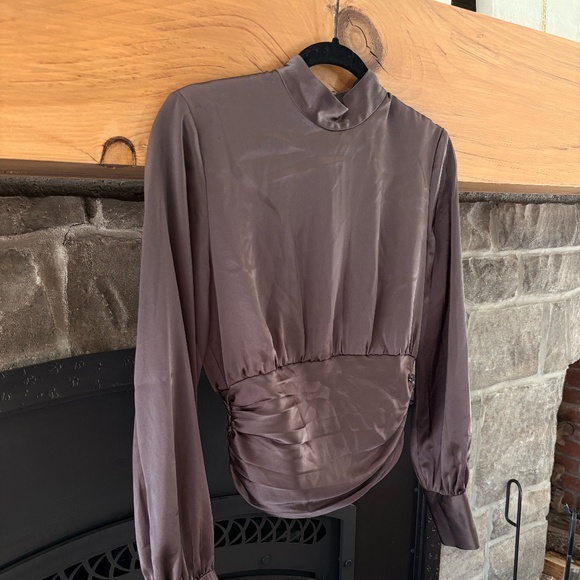 Silk Long Sleeve Back Zip Blouse with Pleated Cinched Waist - Picture 1 of 5